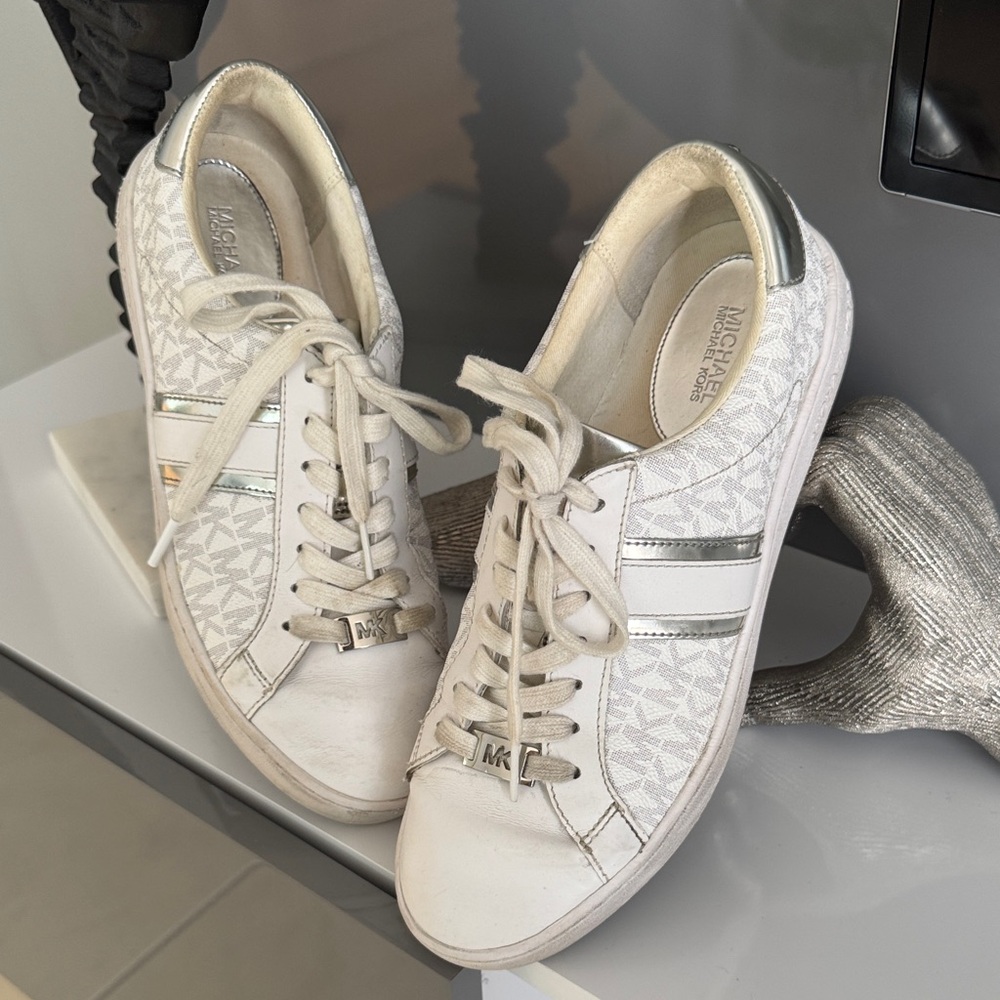 Michael Kors White and Silver Monogram Low-Top Sneakers